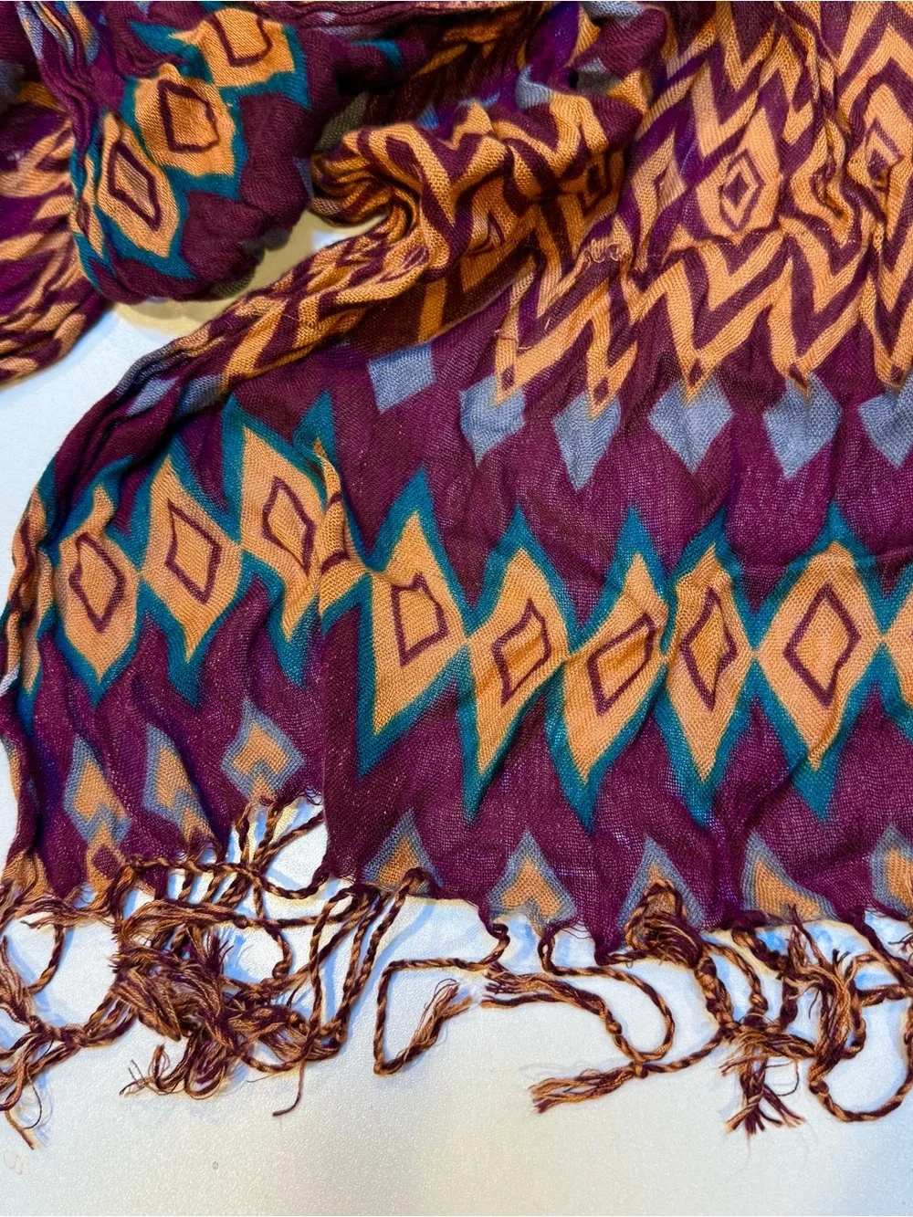 Boho Diamond Pattern Fringe Scarf in Burgundy and Mustard
